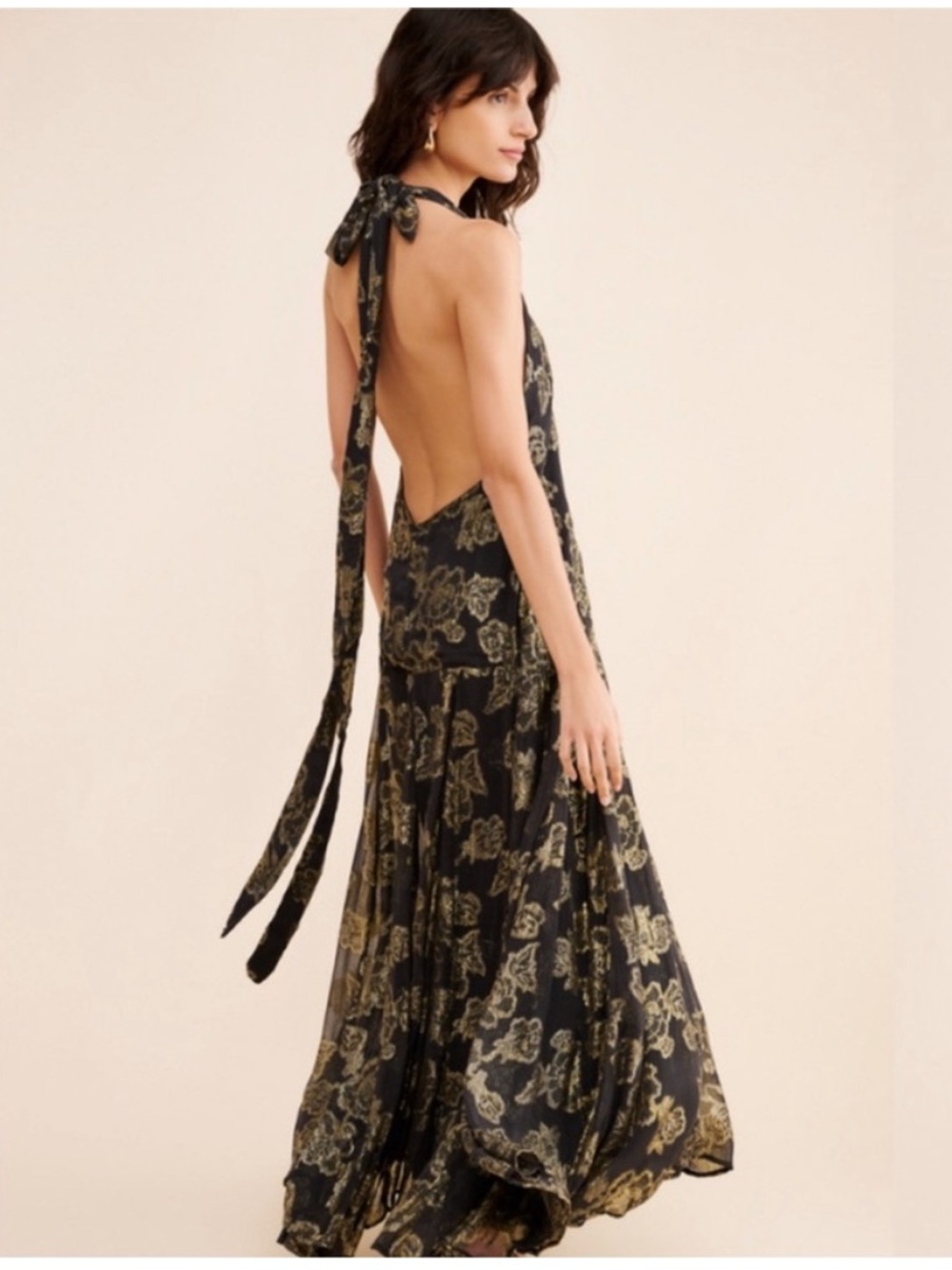 FREE PEOPLE Metallic Holding On Convertible Black Gold Floral Backless Dress M - Picture 4 of 14